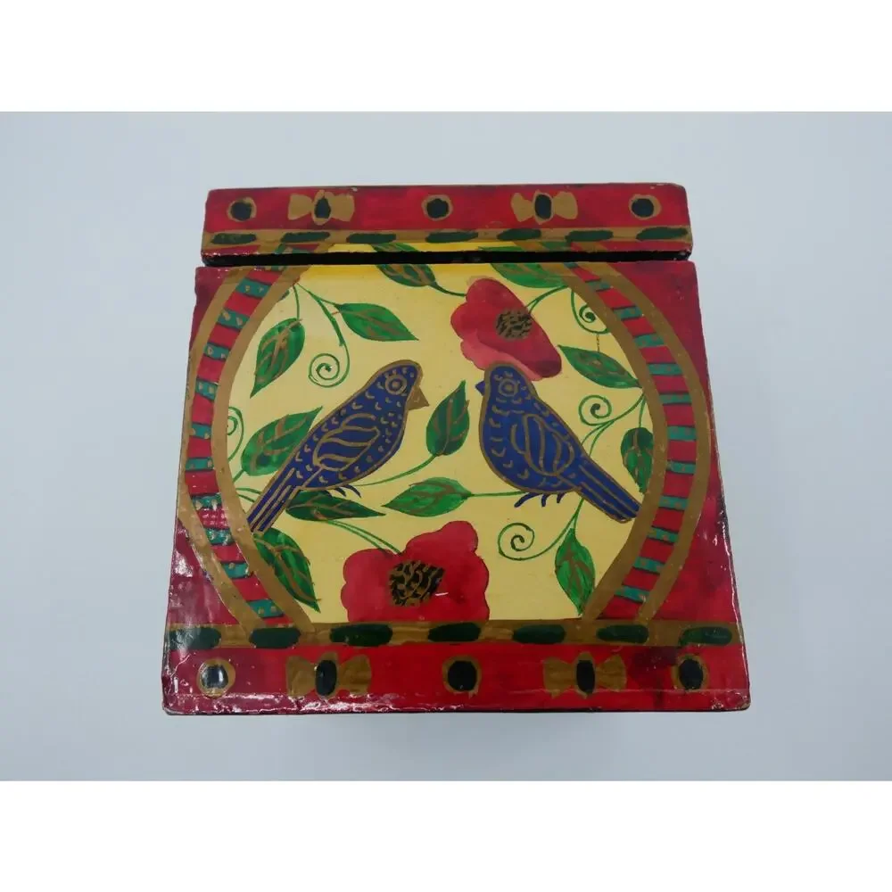 Kashmiri Paper Machè Wood Box And Ornament Blue Birds Floral Hand Painted